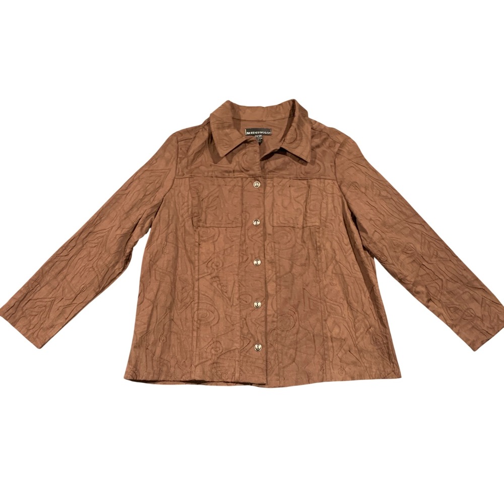 Mirror Image Womens 2X Brown Textured Button Front Collared Shirt Jacket Shacket
